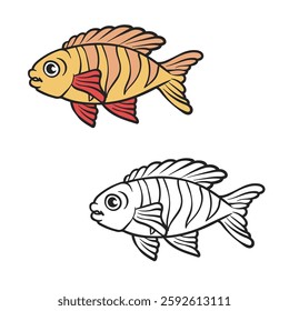 fish tiger drawing with line art. Simple design. Cartoon. You can change color you want. Vector illustration