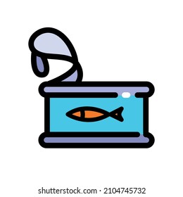 Fish tin can icon in simple style. Color illustration of canned sardines, herring, sprat, salmon. Vector flat icon for web design isolated on white background.