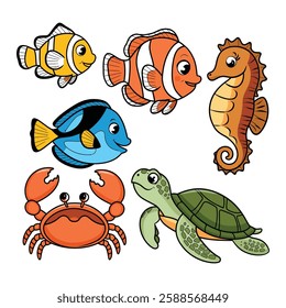 Fish, Tortoise and Crab Colorful vector design illustration