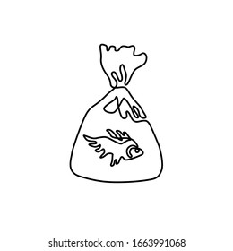 fish in a transparent bag, continuous line drawing, small tattoo, print for clothes and logo design, emblem or logo design, isolated vector illustration.