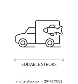 Fish transporting linear icon. Commercial transportation of aquaculture products. Thin line customizable illustration. Contour symbol. Vector isolated outline drawing. Editable stroke