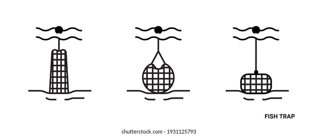 Fish trap icon set. This icon is the equipment icon symbol used to catch fish. Editable icon set. Fishing club or online web shop creative vector line art.