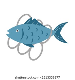 Fish trapped in plastic rings, symbolizing ocean pollution, environmental damage, marine life threats, and the global impact of plastic waste on aquatic ecosystems. Vector illustration.