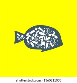 fish trash plastic ocean plastic pollution. Ecological poster. Whale composed of white plastic waste bag, bottle on blue background.