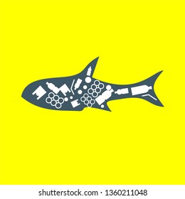 fish trash plastic ocean plastic pollution. Ecological poster. Whale composed of white plastic waste bag, bottle on blue background.