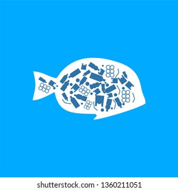 fish trash plastic ocean plastic pollution. Ecological poster. Whale composed of white plastic waste bag, bottle on blue background.