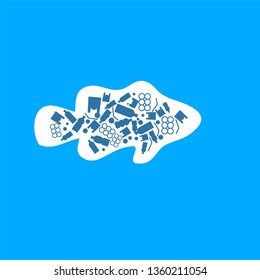 fish trash plastic ocean plastic pollution. Ecological poster. Whale composed of white plastic waste bag, bottle on blue background.