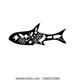 fish trash plastic ocean plastic pollution. Ecological poster. Whale composed of white plastic waste bag, bottle on blue background.