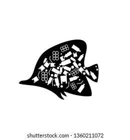 fish trash plastic ocean plastic pollution. Ecological poster. Whale composed of white plastic waste bag, bottle on blue background.