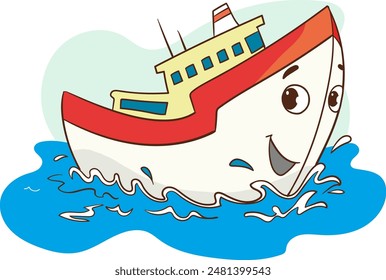 Barco de pesca de arrastre en el fondo náutico de Vector marino. Barco de pesca comercial con salvavidas en Ilustración vectorial de dibujos animados de agua oceánica. Vacío juego de aventura náutica para atrapar el equipo de alimentos en el río.