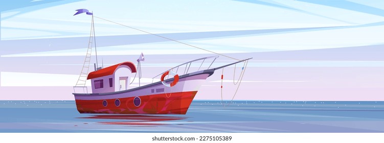 Fish trawler boat in sea vector marine background. Commercial fishery ship with lifebuoy in ocean water cartoon vector illustration. Adventure game for catching fish, early morning with pastel sky