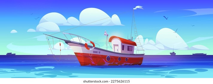 Fish trawler boat in sea vector marine background. Commercial fishery ship with lifebuoy in ocean water cartoon vector illustration. Empty nautical adventure game for catching food equipment in river.