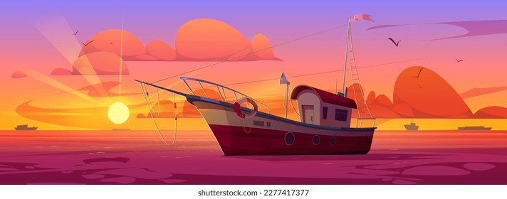 Fish trawler boat in sea vector marine background. Commercial fishery ship with lifebuoy in ocean water cartoon vector illustration. Adventure game for catching fish, early evening with orange sunset