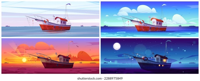 Fish trawler boat in sea vector marine background. Commercial fishery ship with lifebuoy in ocean water cartoon vector illustration. Adventure game for catching fish, day and night, morning and sunset