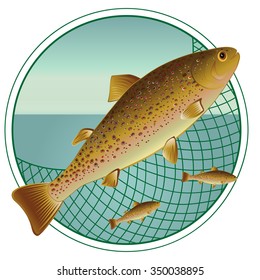 Fish trout and Tackle on the background of the river. Banners, design, advertising, menu, illustration