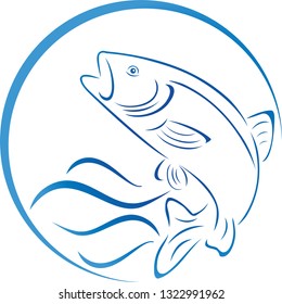 Fish, trout and waves in blue logo