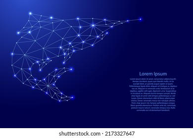 Fish, tuna, marlin jumping out, from futuristic polygonal blue lines and glowing stars for banner, poster, greeting card. Vector illustration.