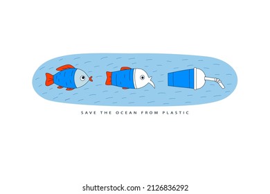 The fish turns into a plastic cup with plastic straw. Marine animal extinction concept from ocean pollution with plastic.Ecological poster, banner, emblem with slogan. Vector.
