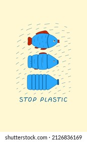 The fish turns into a water bottlle. Marine animal extinction concept from ocean pollution with plastic.Ecological poster, banner, emblem with slogan. Vector.