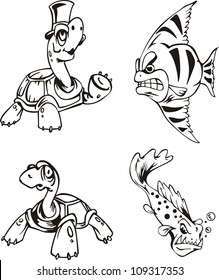 Fish and turtle cartoons. Set of black and white vector illustrations.