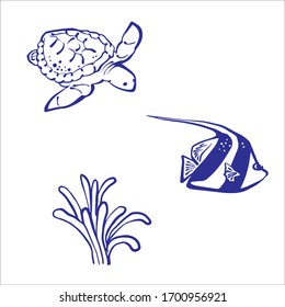 fish and turtle lineart vector