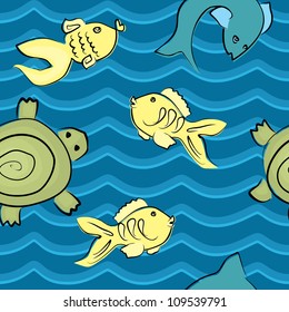 fish and  turtle in wave seamless pattern