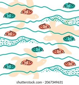 Fish and turtles. Illustration depicting the underwater world, waves and bubbles. Stylized vector pattern.