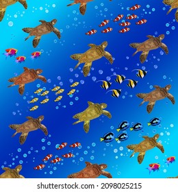 Fish and turtles in the pattern.Multicolored schools of fish and turtles in a seamless vector pattern.
