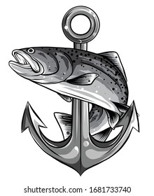 fish twisted to an anchor of a boat vector
