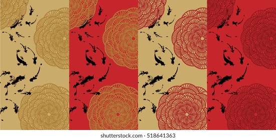 Fish Under Graphic Motif Flowers, Gold And Red, Chinese New Year