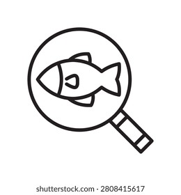 Fish under a magnifying glass line icon. Fishing exploration, marine biology search, and aquatic animal tracking symbol.