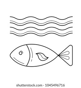 Fish Under Sea Wave Vector Line Icon Isolated On White Background. Small Fish In Water Line Icon For Infographic, Website Or App.