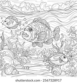 Fish under the sea.Coloring book antistress for children and adults. Illustration isolated on white background.Zen-tangle style. Hand draw