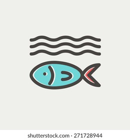 Fish under water thin line for web and mobile, modern minimalistic flat design. Vector icon with dark grey outline and offset colour on light grey background.