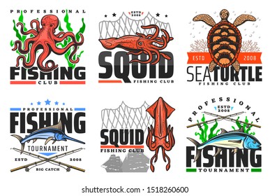 Fish and underwater animal icons, fishing club badges. Vector fisher tournament, sea and ocean big catch trophy octopus, turtle or squid, marlin and tuna with fishing rod, net and lure tackles