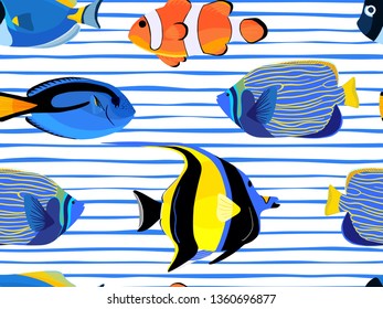 Fish underwater with bubbles seamless pattern on stripes background. Pattern of fish for textile fabric or book covers, wallpapers, design, graphic art, wrapping