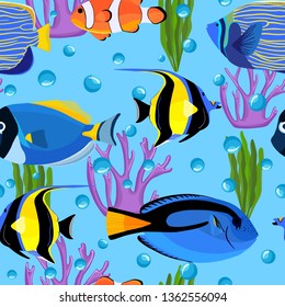 Fish underwater with bubbles. Undersea seamless pattern. Kids background. Pattern of fish for textile fabric or book covers, wallpapers, design, graphic art, wrapping