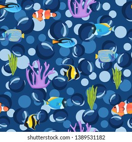 Fish underwater with bubbles. Undersea seamless pattern. Kids background. Pattern of fish for textile fabric or book covers, wallpapers, design, graphic art, wrapping