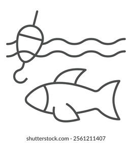 Fish underwater with fishhook and float bobber thin line icon, fishing concept. Vector graphics. Fisher man sign on white background, outline style icon for mobile or web design