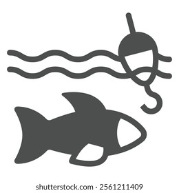 Fish underwater with fishhook and float bobber solid icon, fishing concept. Vector graphics. Fisher man sign on white background, glyph style icon for mobile or web design