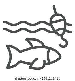 Fish underwater with fishhook and float bobber line icon, fishing concept. Vector graphics. Fisher man sign on white background, outline style icon for mobile or web design