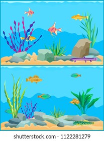 Fish Underwater Seascape Set. School Of Fish With Non-flowering Plants Seaweed With Aquatic Animals. Exotic Biodiversity Diversity Vector Illustration