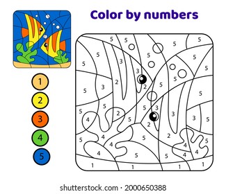 Fish in the underwater world. Color by numbers. Black and white vector illustration for coloring book with color example