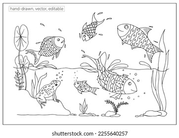 Fish and underwater world. Hand-drawn vector Illustration for coloring. Jumping fish.