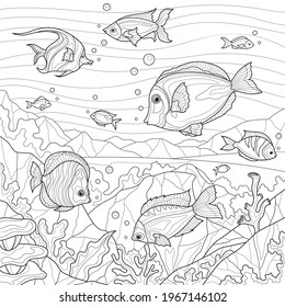 
Fish underwater.Coloring book antistress for children and adults. Illustration isolated on white background.Zen-tangle style. Hand draw