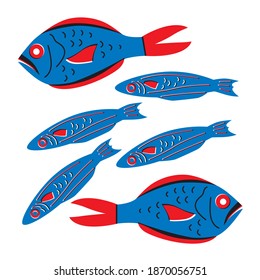 Fish vector abstract illustration. fish icons. Seafood Cartoon flat print. Red blue illustration print for your design.