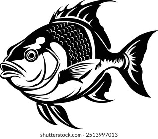 "Fish vector art design" showcases a sleek and stylized fish, perfect for aquatic-themed illustrations, logos, and digital art.