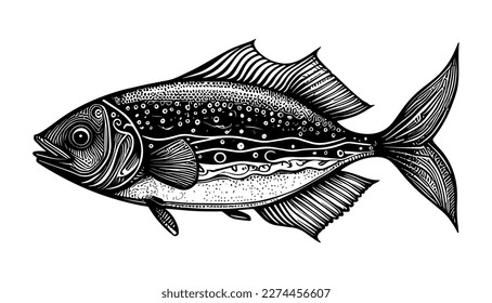 Fish vector black line illustration isolated white. Sketch art