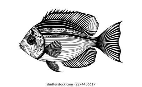 Fish vector black line illustration isolated white. Sketch art