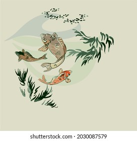 fish vector card japanese chinese nature ink illustration engraved sketch traditional textured colorful